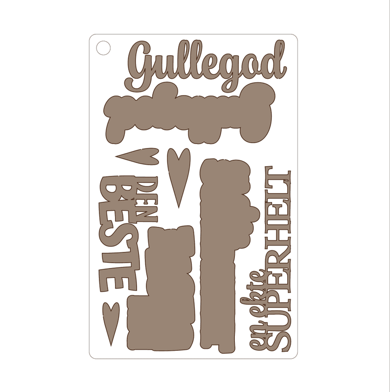 Gullegod, selvklebende laserkutt på plate 9x14cm